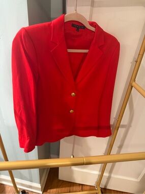 Theory Women's Bright Red Single-Breasted Blazer with Gold Buttons